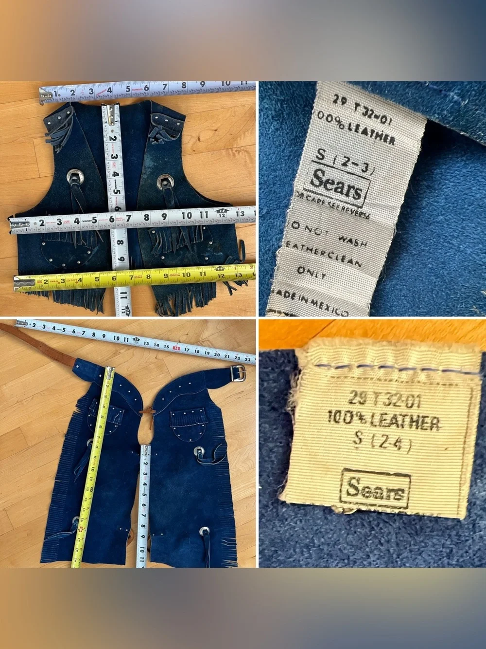 🤠2T-3T Vtg 70s Sears Blue Suede Kids Cowboy Costume Set Vest Chaps Ranchtone Hat